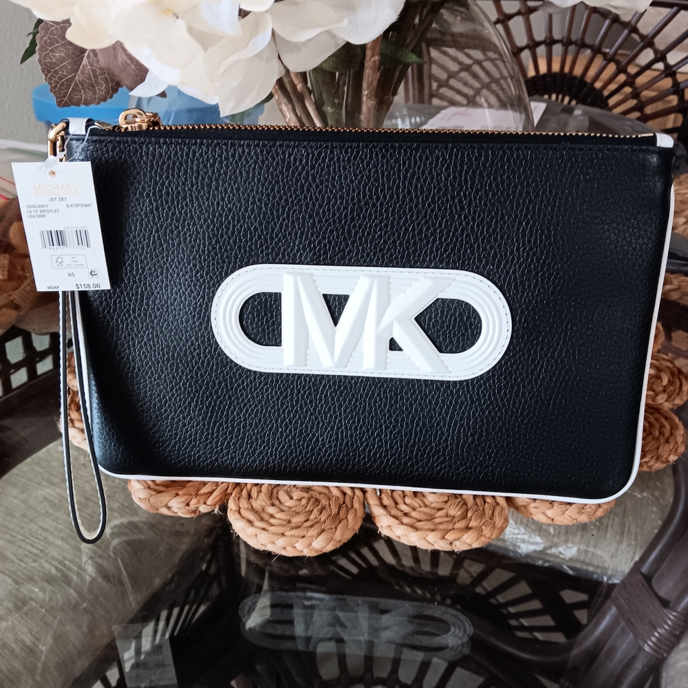 Michael Kors Black and White Leather Wristlet